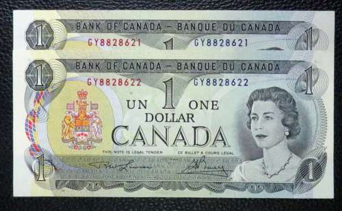 Canada One Dollars x2 in sequence  Lawson Bouey 1973 UNC