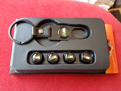 BMW MotorSport MSport Black Tyre Valve Metal Caps and Keychain Set, R100
