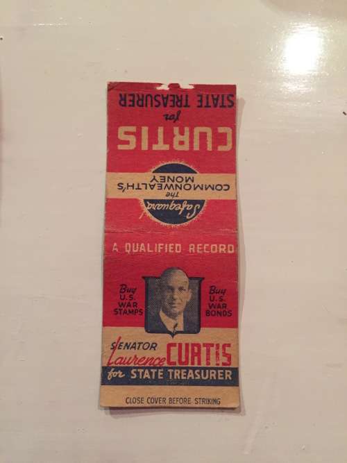 Matches Matchbox Match Book Military WW2 era Canadian Laurence Curtis for State Treasurer 1940s