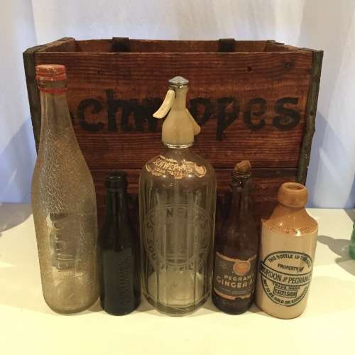 Vintage Schweppes Wordon and Pelgan Mineral Walter Historial Cape Town bottle and crate collection.