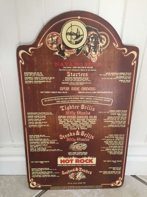 SPUR STEAK RANCHES MENU South Africa NAVAHO SPUR R10.15 BURGER late 1980s/early 1990s