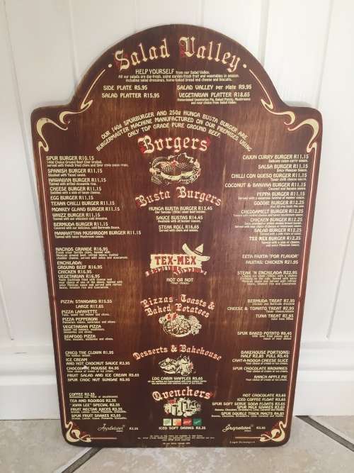 SPUR STEAK RANCHES MENU South Africa NAVAHO SPUR R10.15 BURGER late 1980s/early 1990s