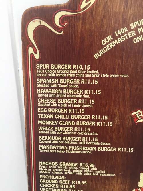 SPUR STEAK RANCHES MENU South Africa NAVAHO SPUR R10.15 BURGER late 1980s/early 1990s
