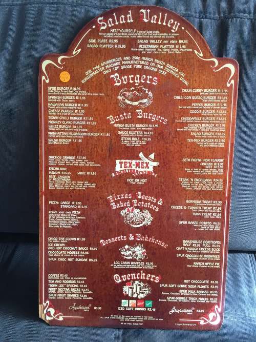 SPUR STEAK RANCHES MENU South Africa NAVAHO SPUR R10.95 BURGER late 1980s/early 1990s