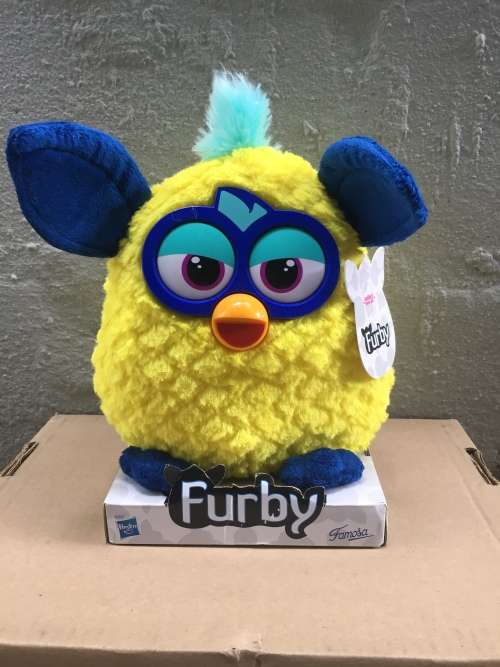 Hasbro FURBY YELLOW with Dark Blue Ears Plush Toy 20cm high New Mint on Card