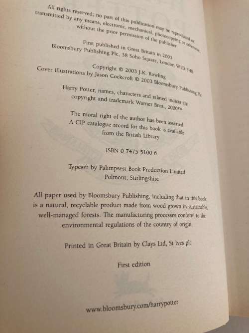 1st edition Harry Potter and the Order of Phoenix 2003