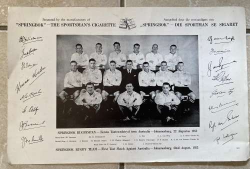 Rare 1953 Springbok South Africa Rugby Team photo with printer Signatures Springbok cigarettes promo