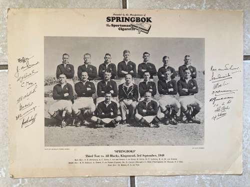 Rare 1949 Springbok South Africa Rugby Team photo with printer Signatures Springbok cigarettes promo
