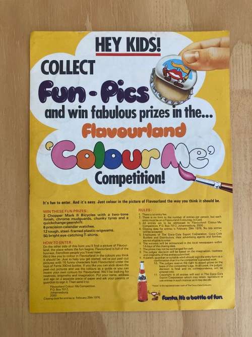 FLAVOUR LAND colour me in FANTA Brochure and bottle liner set 1976 SOUTH AFRICA