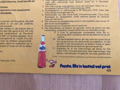 FLAVOUR LAND colour me in FANTA Brochure and bottle liner set 1976 SOUTH AFRICA