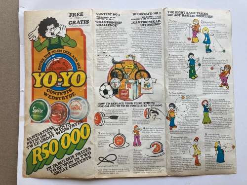 Genuine South African 1976 RUSSELL Yo-Yo Coca Cola Sprite & Fanta Competition Bottle Liner Pamphlet