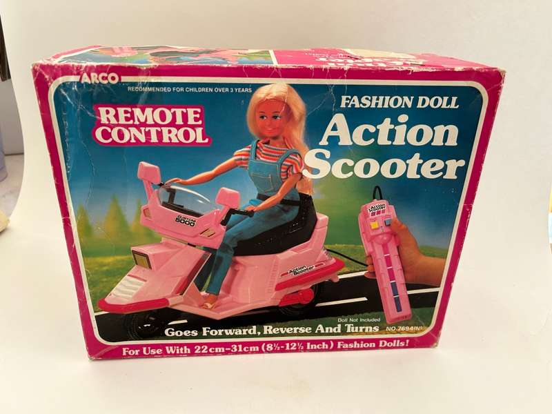 Vintage 1980s Barbie Doll style REMOTE CONTROL ACTION SCOOTER mint in box by Arco Toys Hong Kong