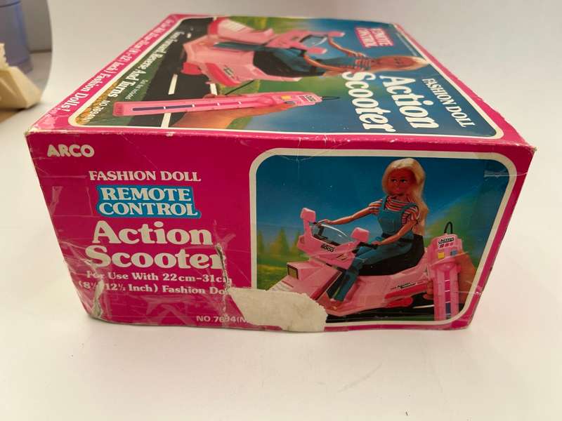 Vintage 1980s Barbie Doll style REMOTE CONTROL ACTION SCOOTER mint in box by Arco Toys Hong Kong