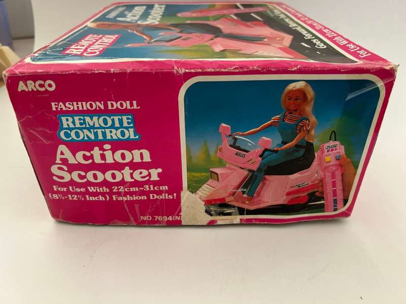Vintage 1980s Barbie Doll style REMOTE CONTROL ACTION SCOOTER mint in box by Arco Toys Hong Kong