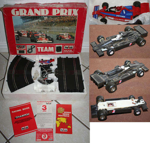 Polistil Grand Prix Slot Carbox set 1980 with rare Alfa Romeo Parmalat advertising signage.