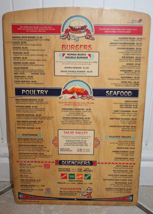 SPUR STEAK RANCHES SOUTH AFRICA WOOD MENU 2002