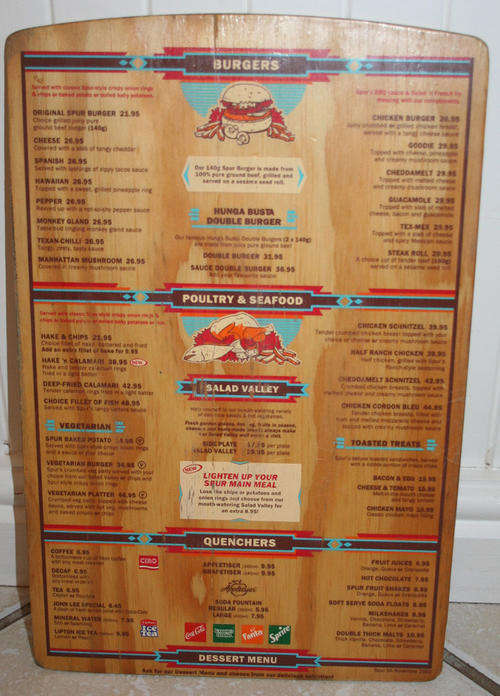 SPUR STEAK RANCHES SOUTH AFRICA WOOD MENU 2002
