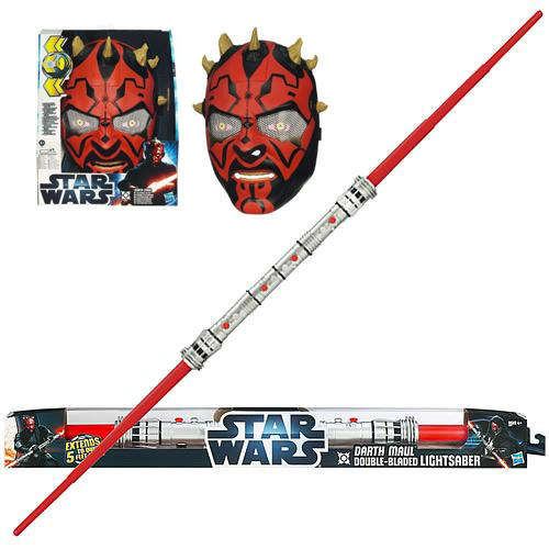 Star Wars Darth Maul Talking MASK & RED DOUBLE BLADE LIGHTSABER - Not Electronic