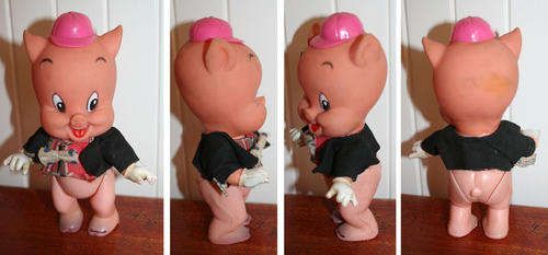 1972 PORKY PIG LOONEY TUNES VINYL TOY DOLL with material clothes - 1960s - By Dakin toys USA