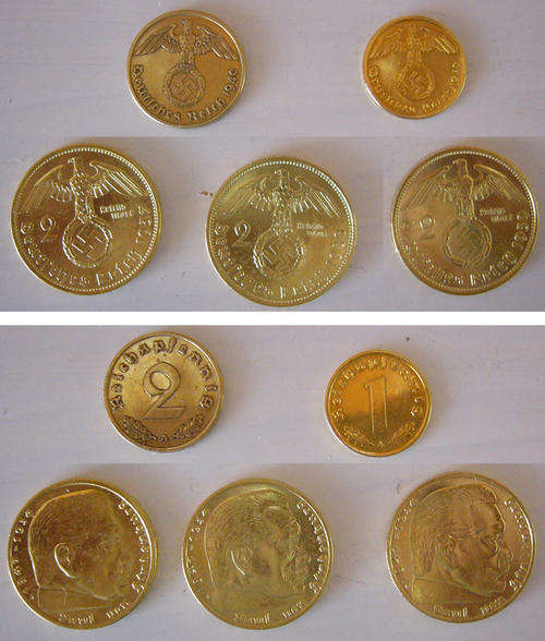 German ww2 Third Reich coin lot of 5 1937 to 1940 - gold plated