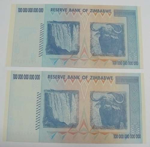 ** 2 X  ZIMBABWE 100 TRILLION DOLLARS  AA Prefix Notes**  - UNC Mint Crisp Notes - BID PER NOTE