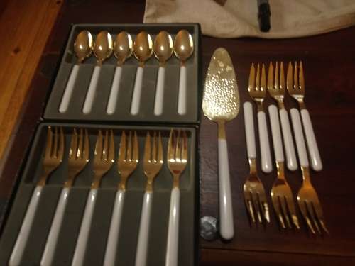 cake fork and teaspoon set with cake lifter gold plated