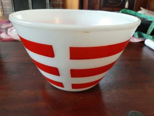Milk glass bowl with red stripes