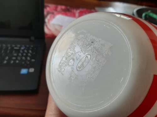 Milk glass bowl with red stripes