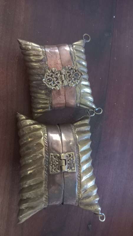 Vintage Brass Copper Pillow Purse with Blue Velvet Lining x 2