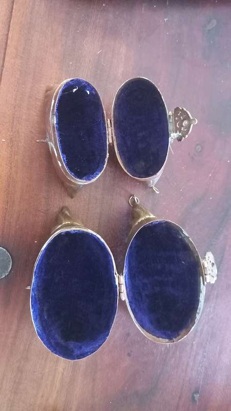 Vintage Brass Copper Pillow Purse with Blue Velvet Lining x 2