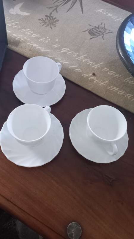 Milk glass cups and saucers small