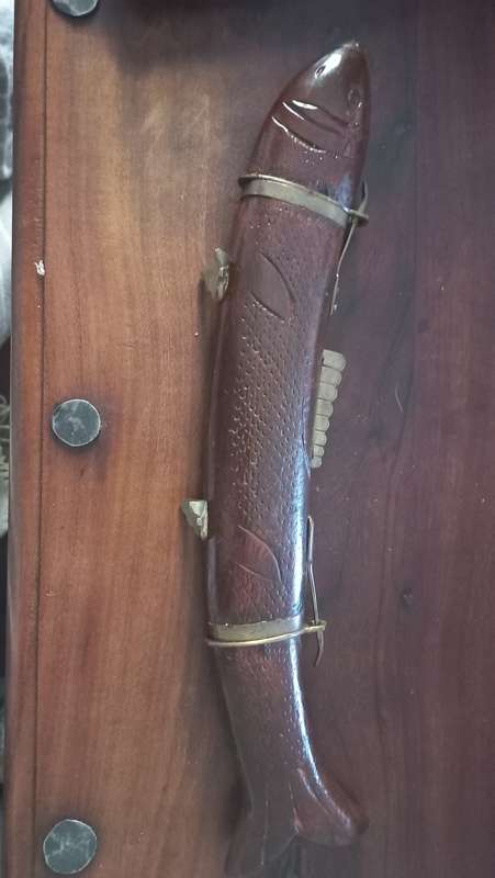 Vintage Wood And Brass Fish Carved Cutlery Set Fork Knife