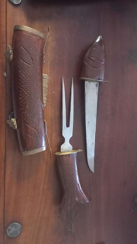 Vintage Wood And Brass Fish Carved Cutlery Set Fork Knife