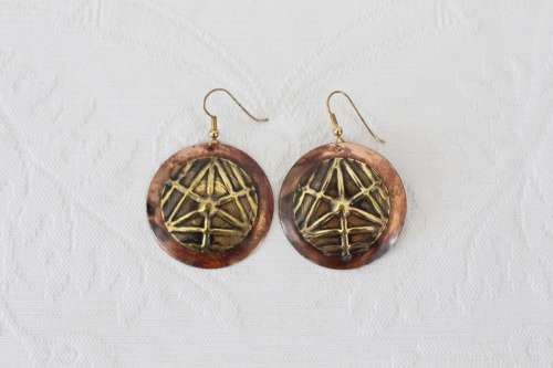 VINTAGE COPPER BRASS HAND MADE DISC DROP EARRINGS - PIERCED