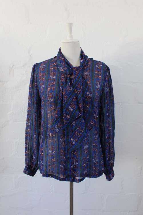 VINTAGE BLUE STRIPED FLORAL PRINT PUSSYBOW TIE LONG SLEEVE BLOUSE SHIRT TOP - SIZE 12