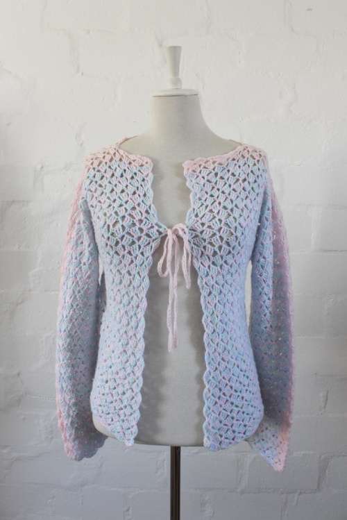 VINTAGE PASTEL RAINBOW CROCHET KNITTED JERSEY CARDIGAN SWEATER - SIZE LARGE