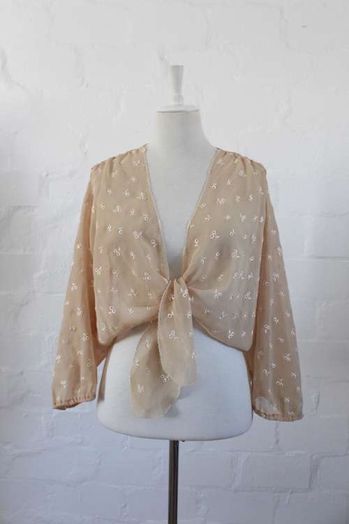 VINTAGE BRODERIE ANGLAISE BROWN TIE FRONT WAIST TOP BLOUSE SHIRT - SIZE XL