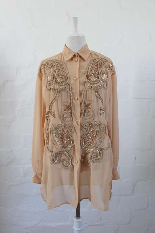 VINTAGE SEQUINED EMBROIDERED BEIGE LONG SLEEVE SHIRT TOP BLOUSE - SIZE 14