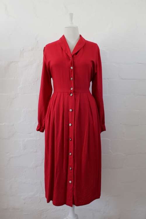 VINTAGE RED BUTTON DOWN LONG SLEEVE DAY DRESS - SIZE 14