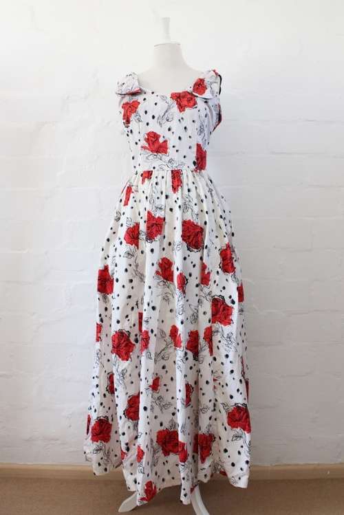 VINTAGE ROSE PRINT POLKA DOT WHITE RED MAXI DRESS - SIZE 12