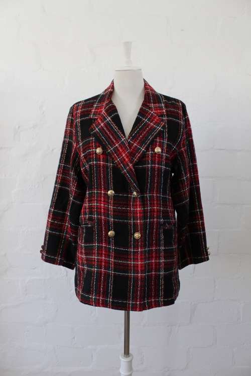 VINTAGE TARTAN CHECK RED BLACK PLAID BLAZER JACKET - SIZE 14