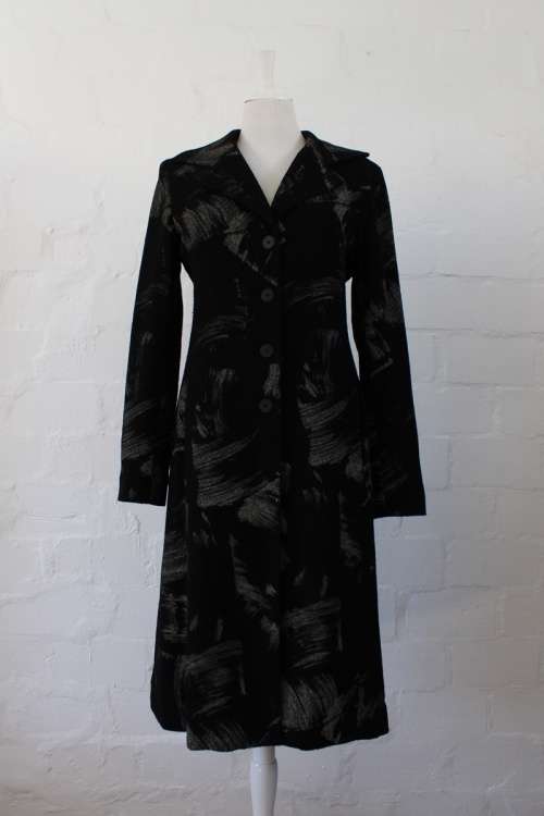 *JENNI BUTTON* DESIGNER BLACK WOOL PRINTED COAT JACKET - SIZE 12