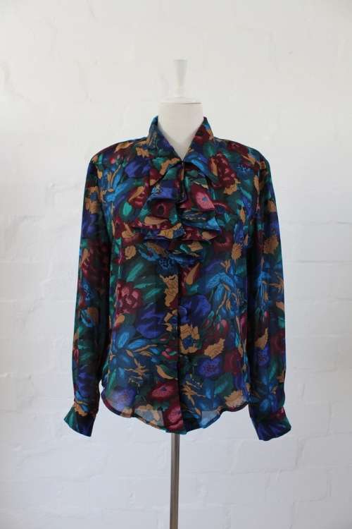VINTAGE FLORAL PRINT BLUE GREEN RUFFLE FRONT BLOUSE SHIRT TOP - SIZE 16