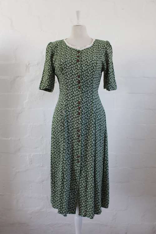VINTAGE GREEN WHITE FLORAL PRINT BUTTON DOWN DAY DRESS - SIZE 12