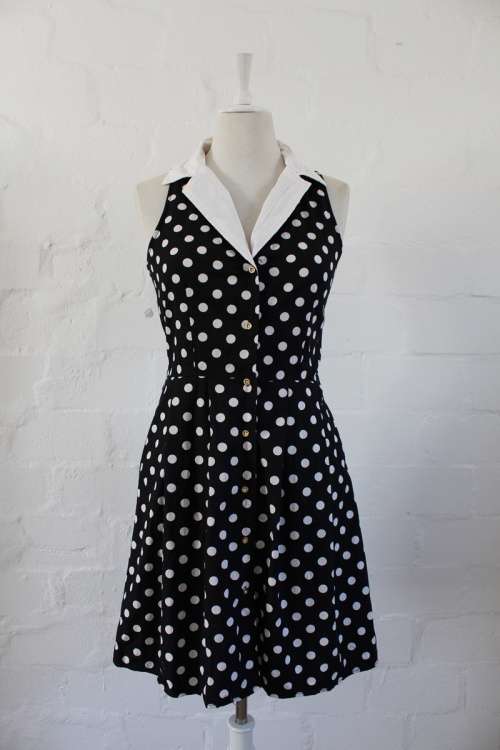 VINTAGE STYLE BLACK WHITE POLKA DOT PRINT MINI SLEEVELESS DRESS - SIZE 10