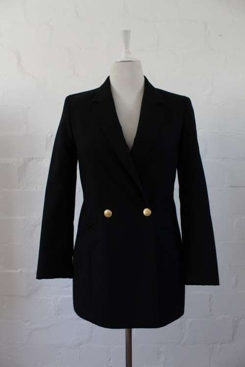 VINTAGE 100% WOOL BLACK DOUBLE BREASTED BOYFRIEND BLAZER JACKET COAT - SIZE 8