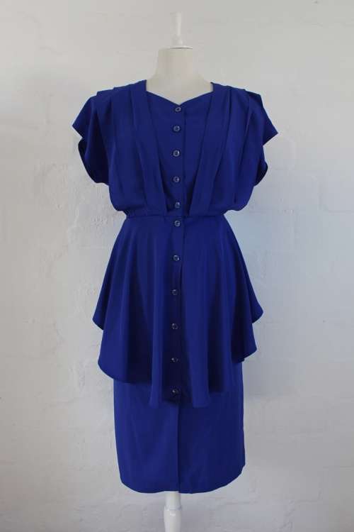 VINTAGE ROYAL BLUE PEPLUM BUTTON DOWN COCKTAIL DRESS - SIZE 16