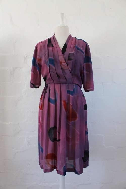VINTAGE PURPLE PLEATED CROSS-OVER DAY DRESS - SIZE 14