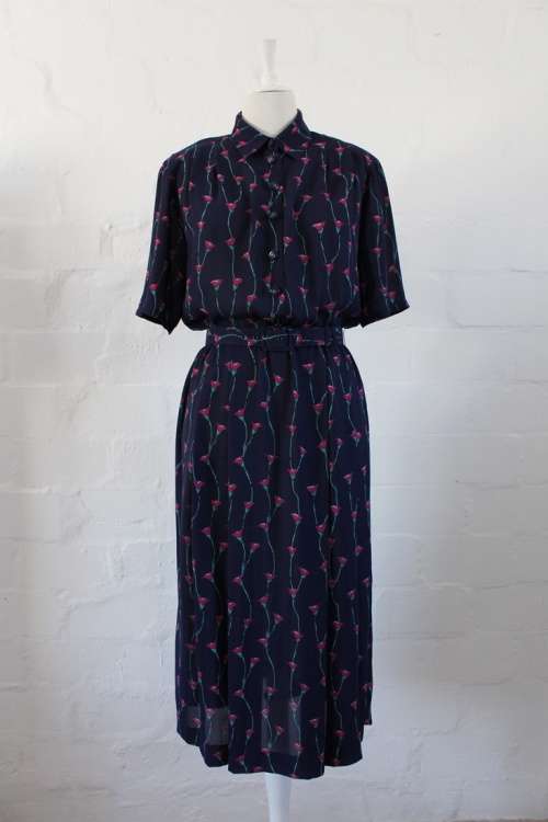 VINTAGE NAVY BLUE PINK FLORAL PRINT BELTED DAY DRESS - SIZE 12