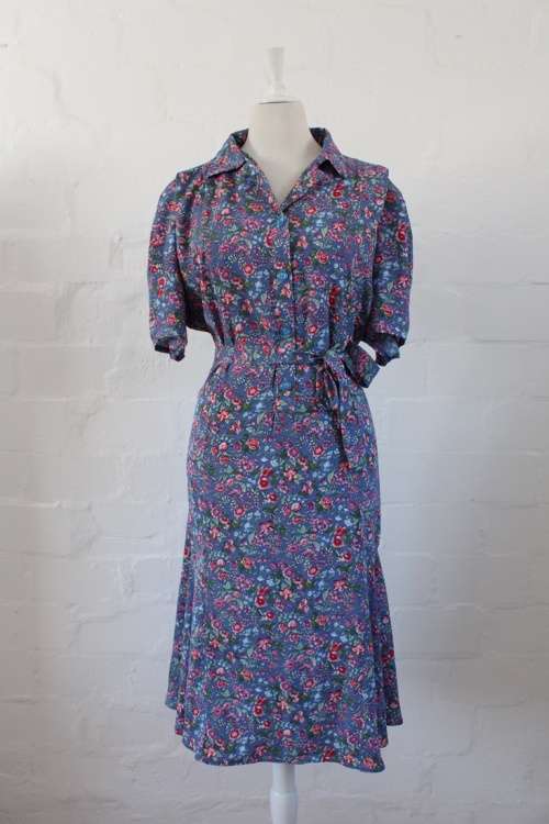 VINTAGE FLORAL PRINT BLUE PINK TIE WAIST MERMAID DAY DRESS - SIZE 18